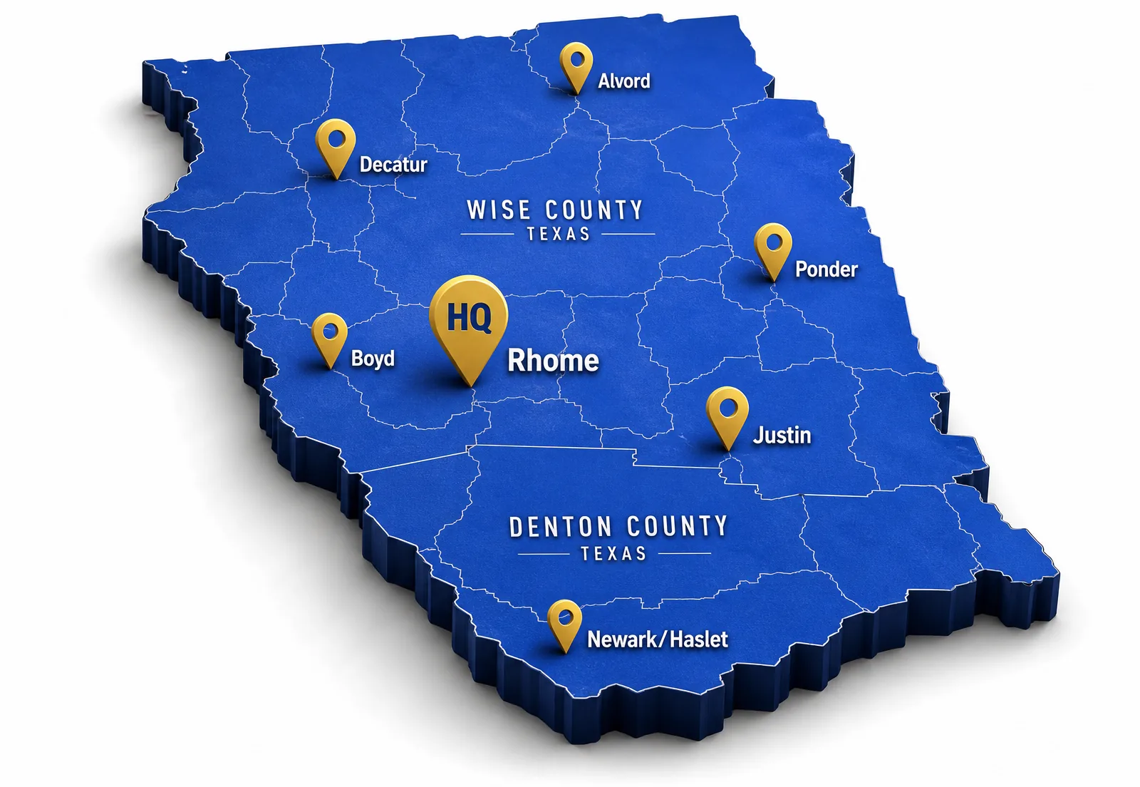 3D map of Mighty Pipes Plumbing service area covering Wise County and northern Denton County, Texas